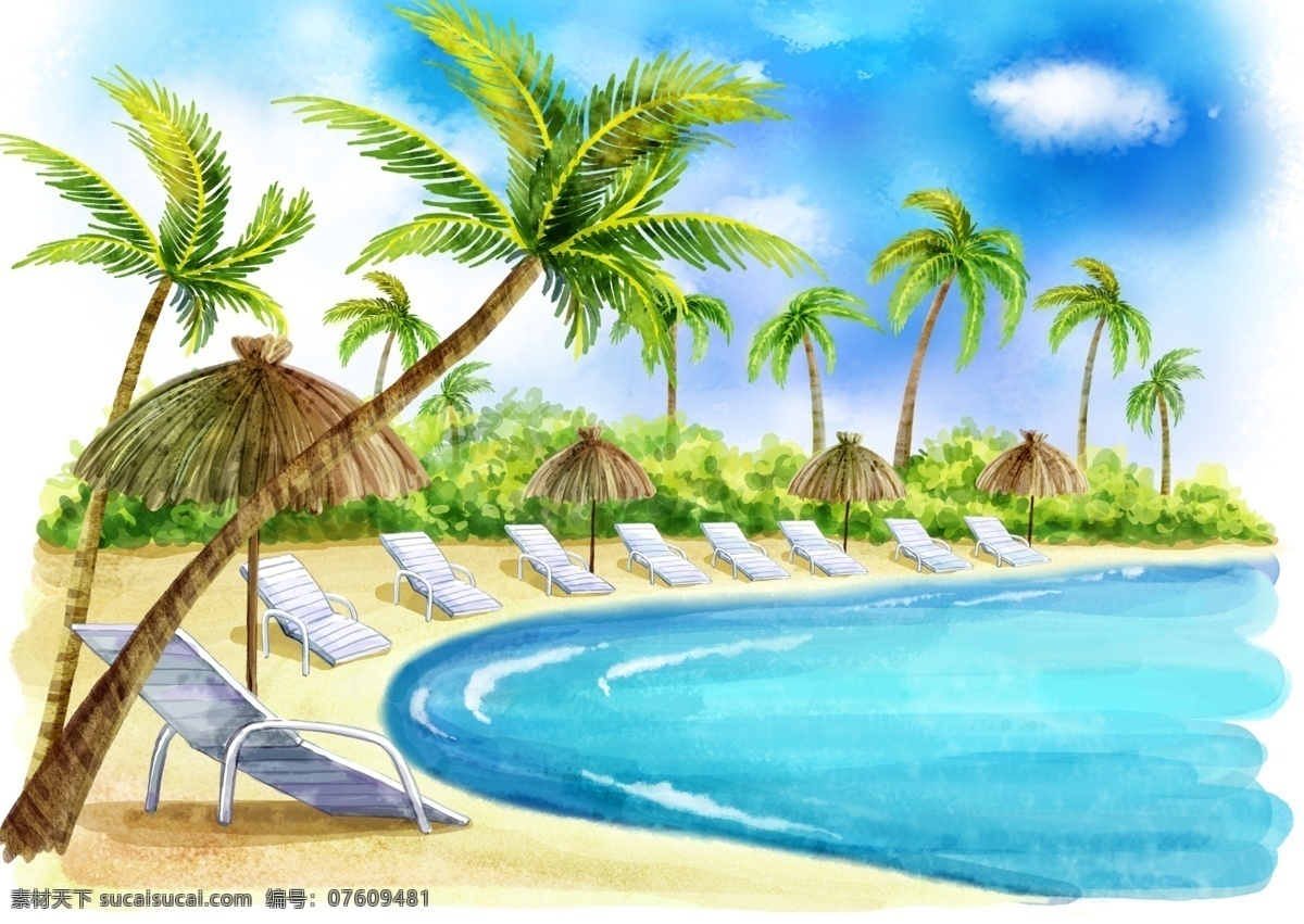 清凉 夏日 海滩 椰树 插画 沙滩 蓝天白云 休闲伞 躺椅 夏天 大海 浪漫 唯美 水彩 绘画 简笔画 卡通漫画 动漫动画 风景漫画