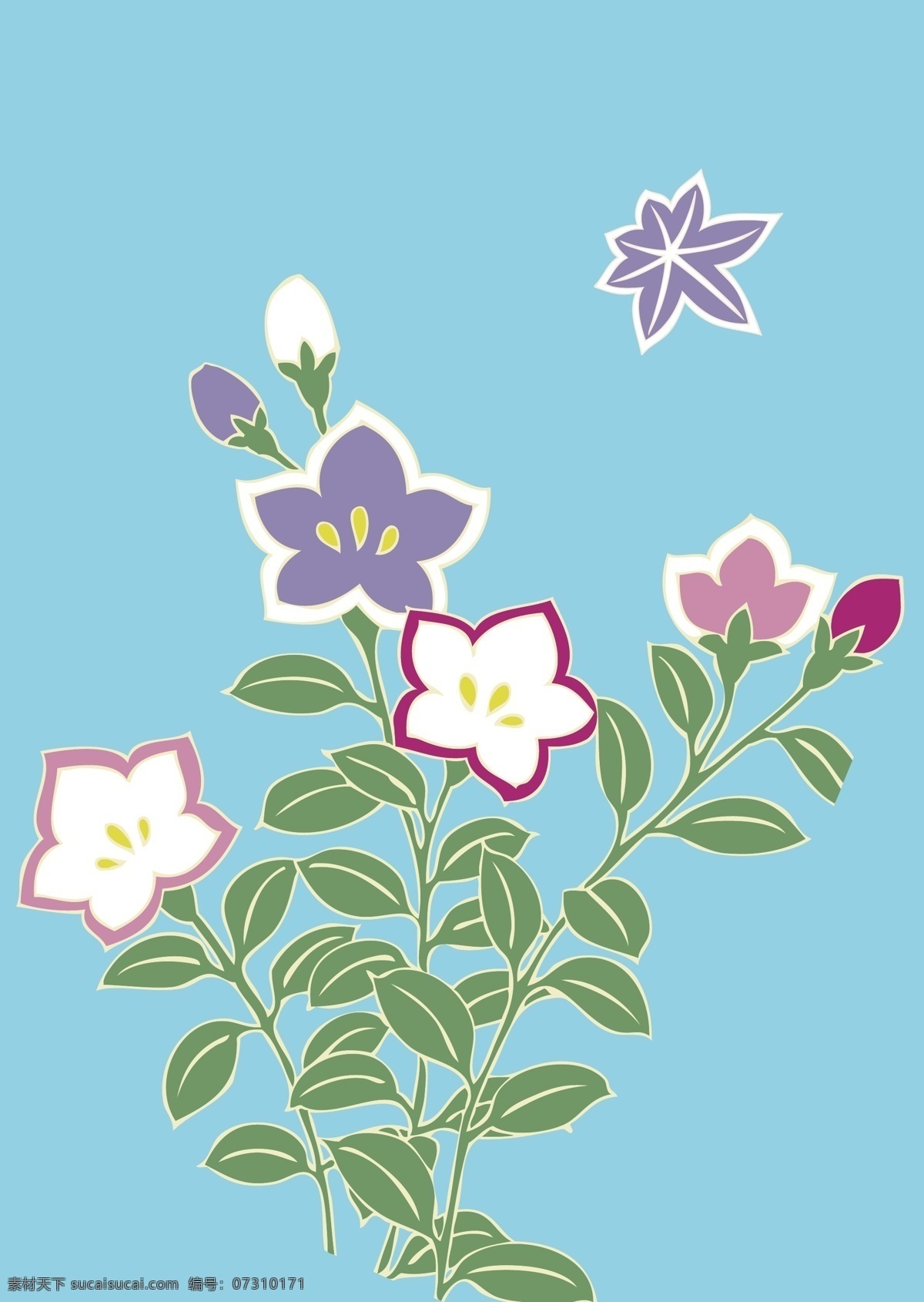手绘 花卉 植物 图案 矢量 花朵 蓝色 绿色植物