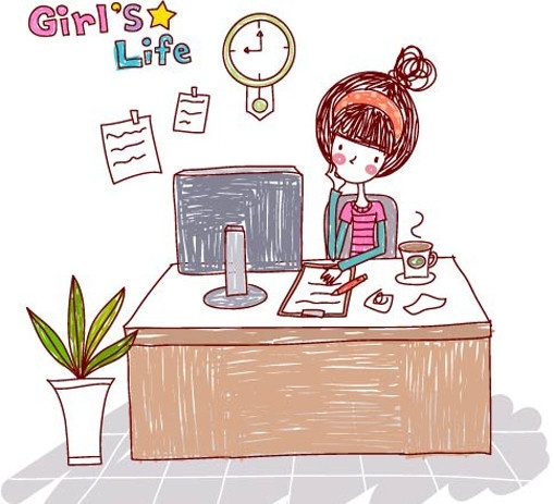 女生的生活 girl s life 工作中 女孩 少女 办公室 办公桌 办公电脑 文件 咖啡 奶茶 时钟 上班 妇女女性 矢量人物 矢量