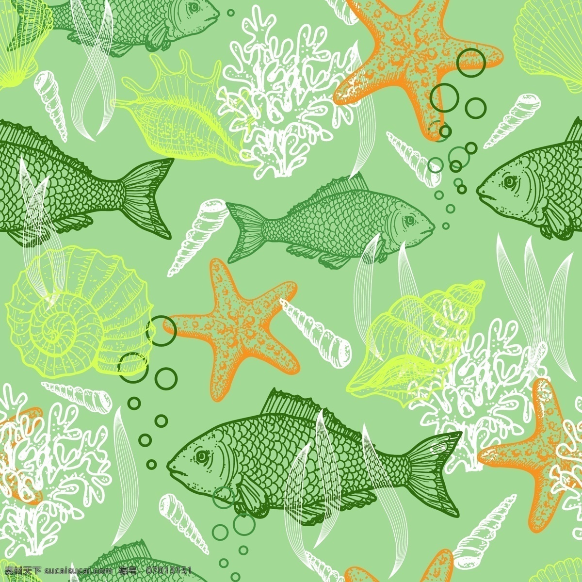 黄绿色 海洋 动物 矢量图 背景 插画 海草 海螺 海星 轮廓 清新 珊瑚 鱼 四方连续 图案 艺术 线条 水底 其他矢量图