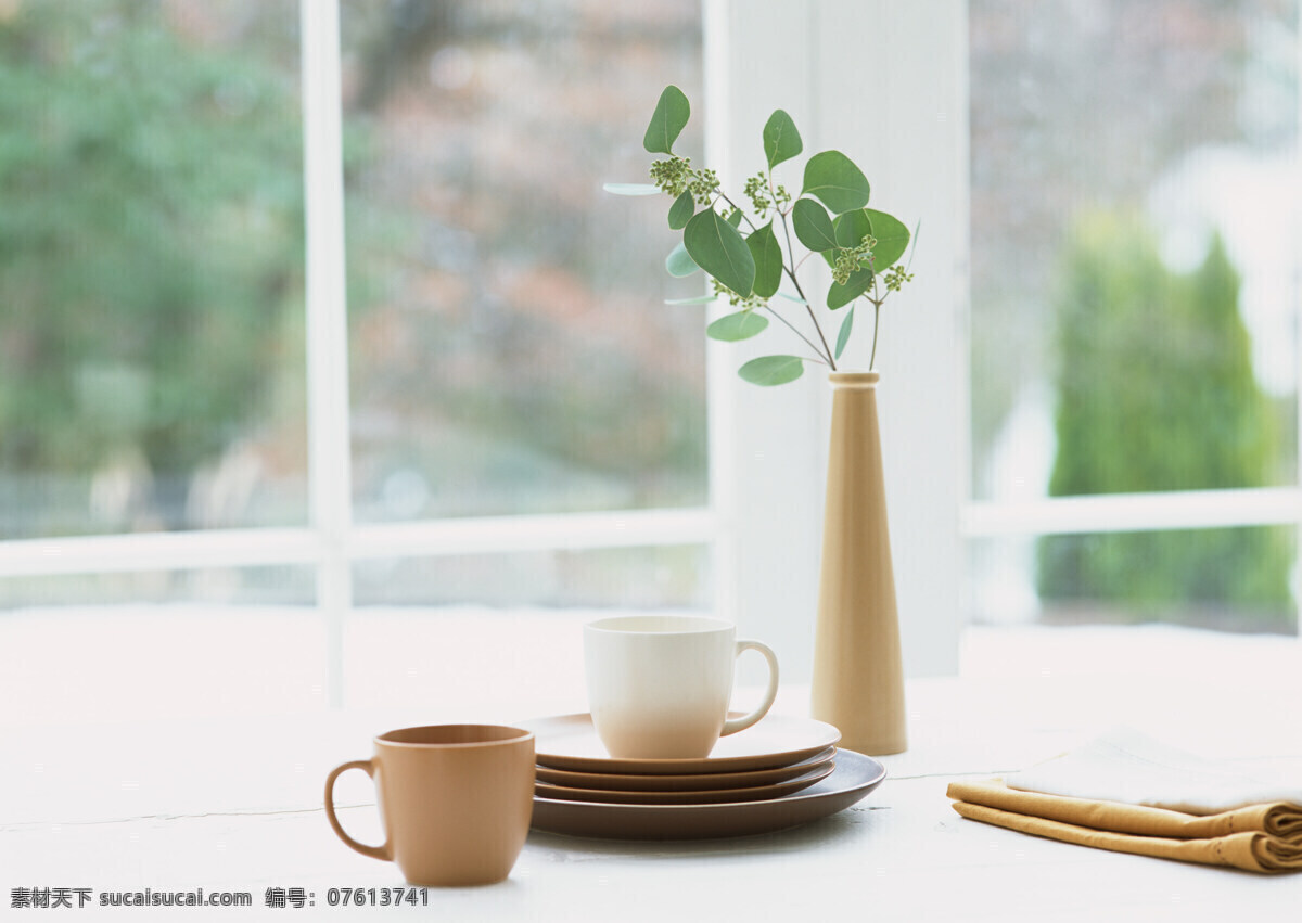 室内 窗台 食物 艺术摄影 绿叶 花瓶 木瓶 杯子 马克杯 窗框 玻璃 午后 阳光 咖啡杯 盘子 室内绿植 花草 生物世界