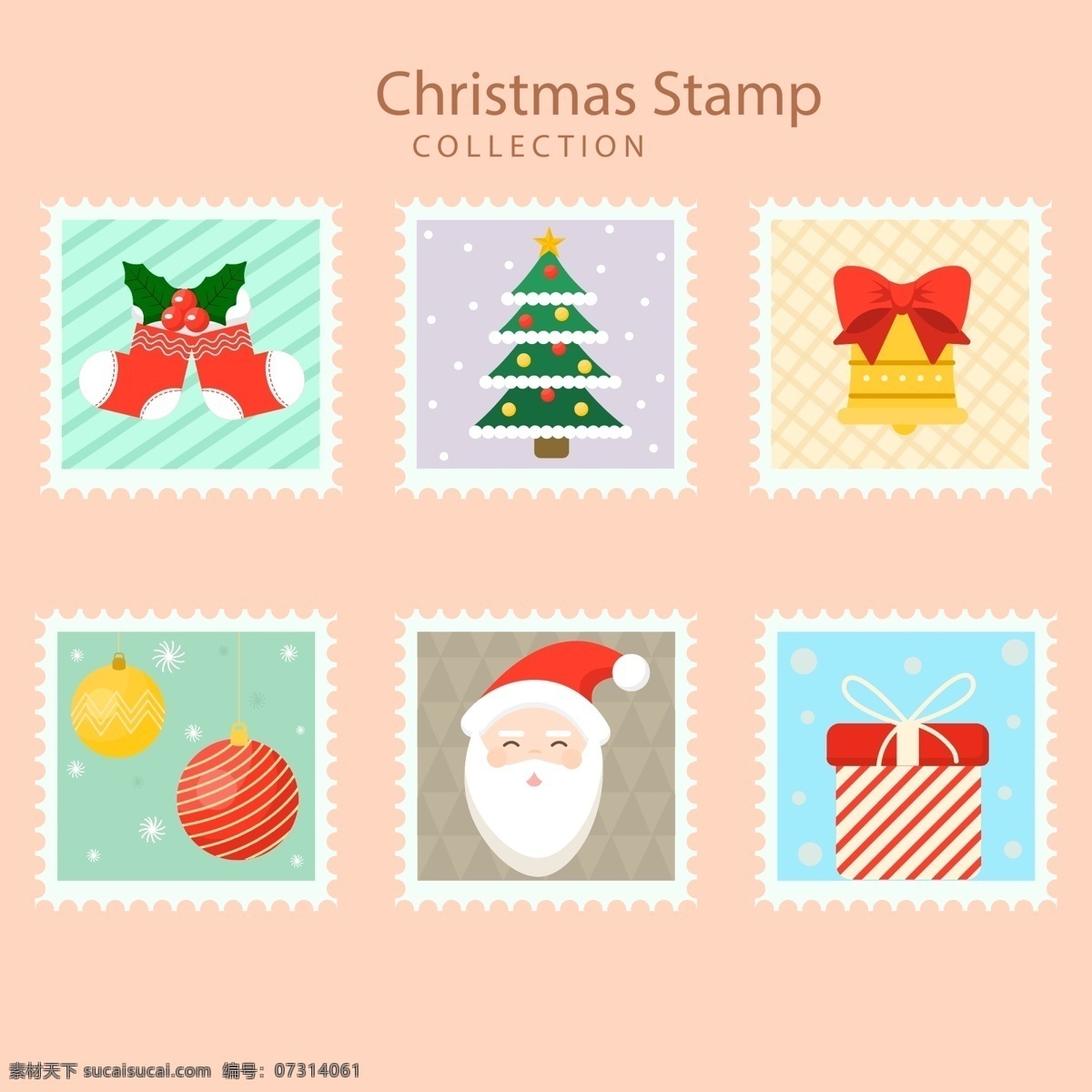 卡通 图案 圣诞 标签 圣诞树 礼物 圣诞节 矢量素材 圣诞袜 圣诞老人 铃铛 邮票