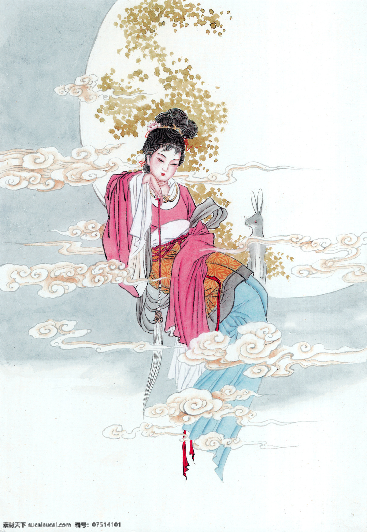 常娥 国画 人物 绘画 书法 云 兔子 月亮 美女 神仙 文化艺术 绘画书法 设计图库