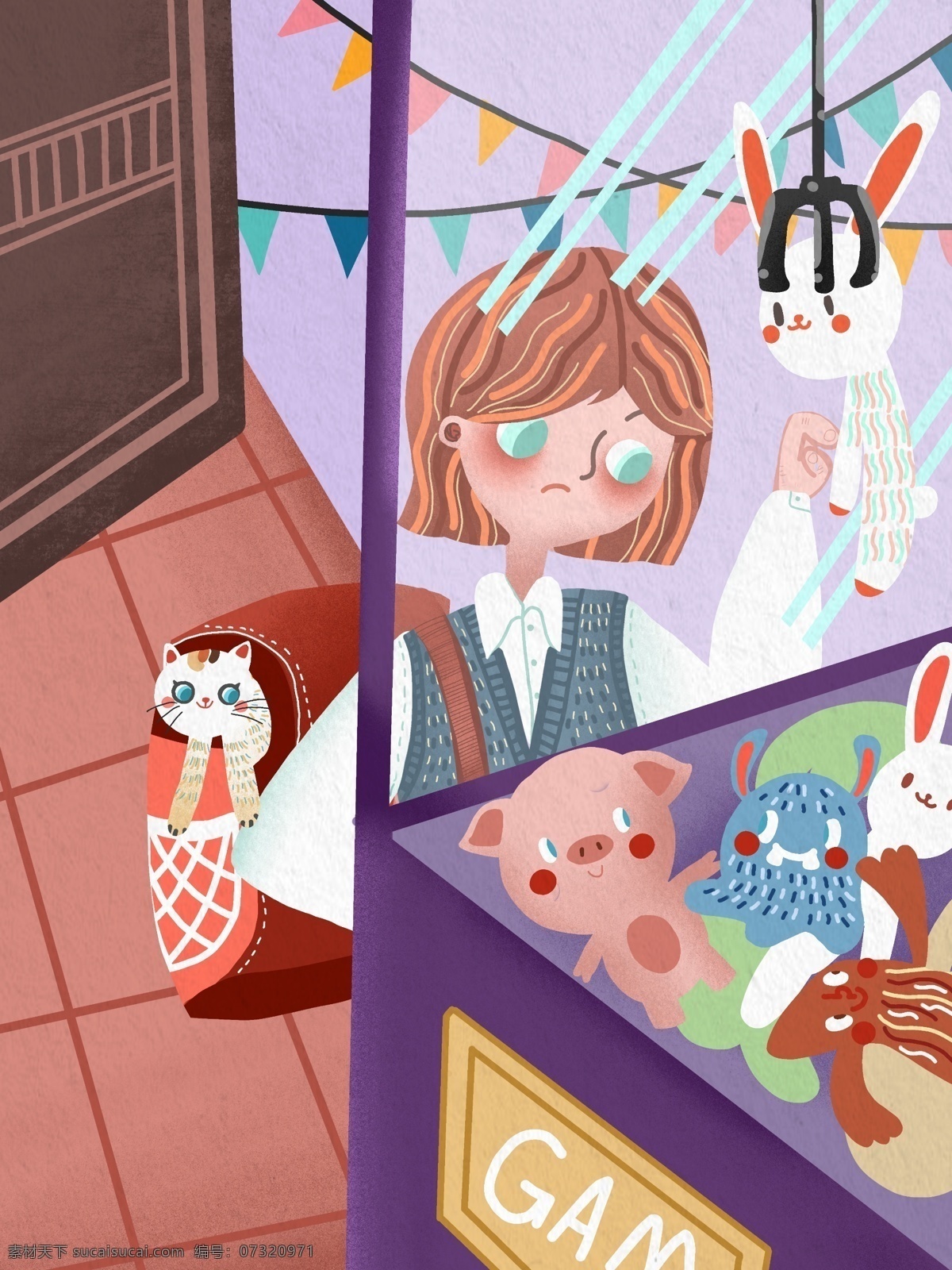 国际 儿童 日 女孩 玩 娃娃 机 可爱 温馨 插画 玩具 兔子 猫咪 国际儿童日 娃娃机 猪 怪兽