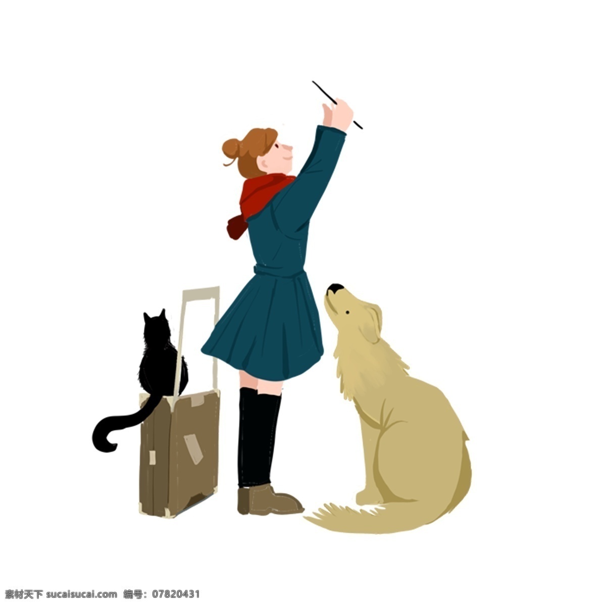 卡通 小女孩 小猫 免 抠 图 旅游的女孩 小猫咪 小狗 卡通动物 动物插画 猫 免抠图