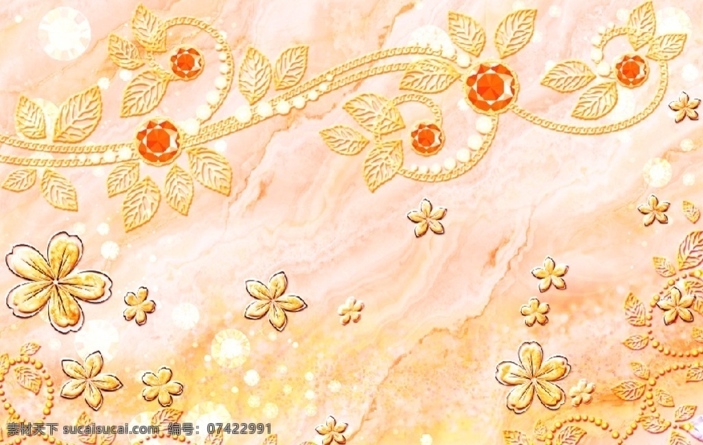 钻石 珠宝 金色 叶子 欧式 花朵 电视 背 珠宝花朵 欧式花朵 花边花纹 大理石纹 浮雕 背景墙 分层