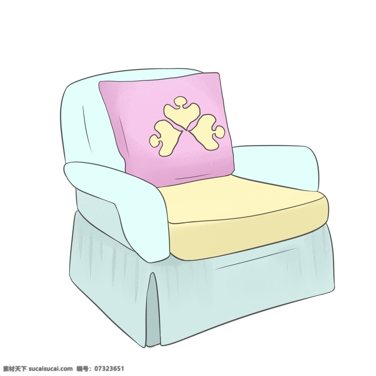 绿色 单人 沙发 插画 绿色沙发 黄色坐垫 粉色爱心抱枕 手绘卡通沙发 沙发椅 单人沙发插画 软垫沙发 单人沙发椅子