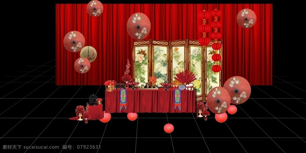 红色 中式 签到 台 红色中式婚礼 中式屏风 红色灯笼 红色纸伞