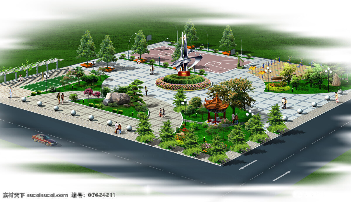 广场 规划 效果图 亭子 雕塑 绿化 园林 景观 3d设计