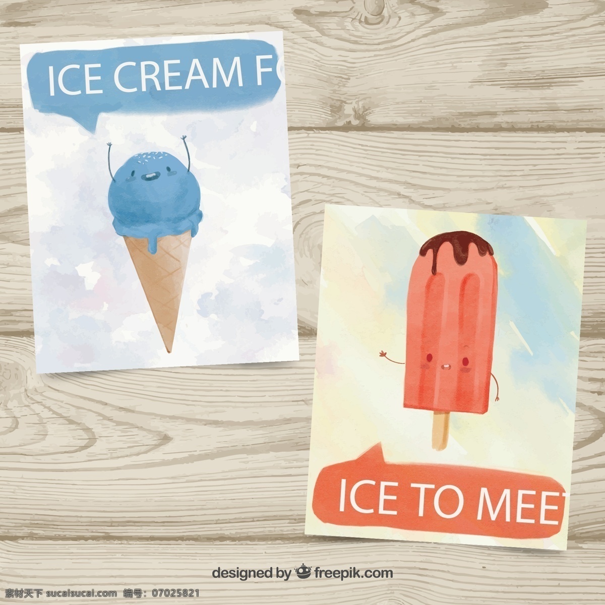 彩绘 可爱 冰淇淋 卡片 木板 夏季 矢量 高清图片