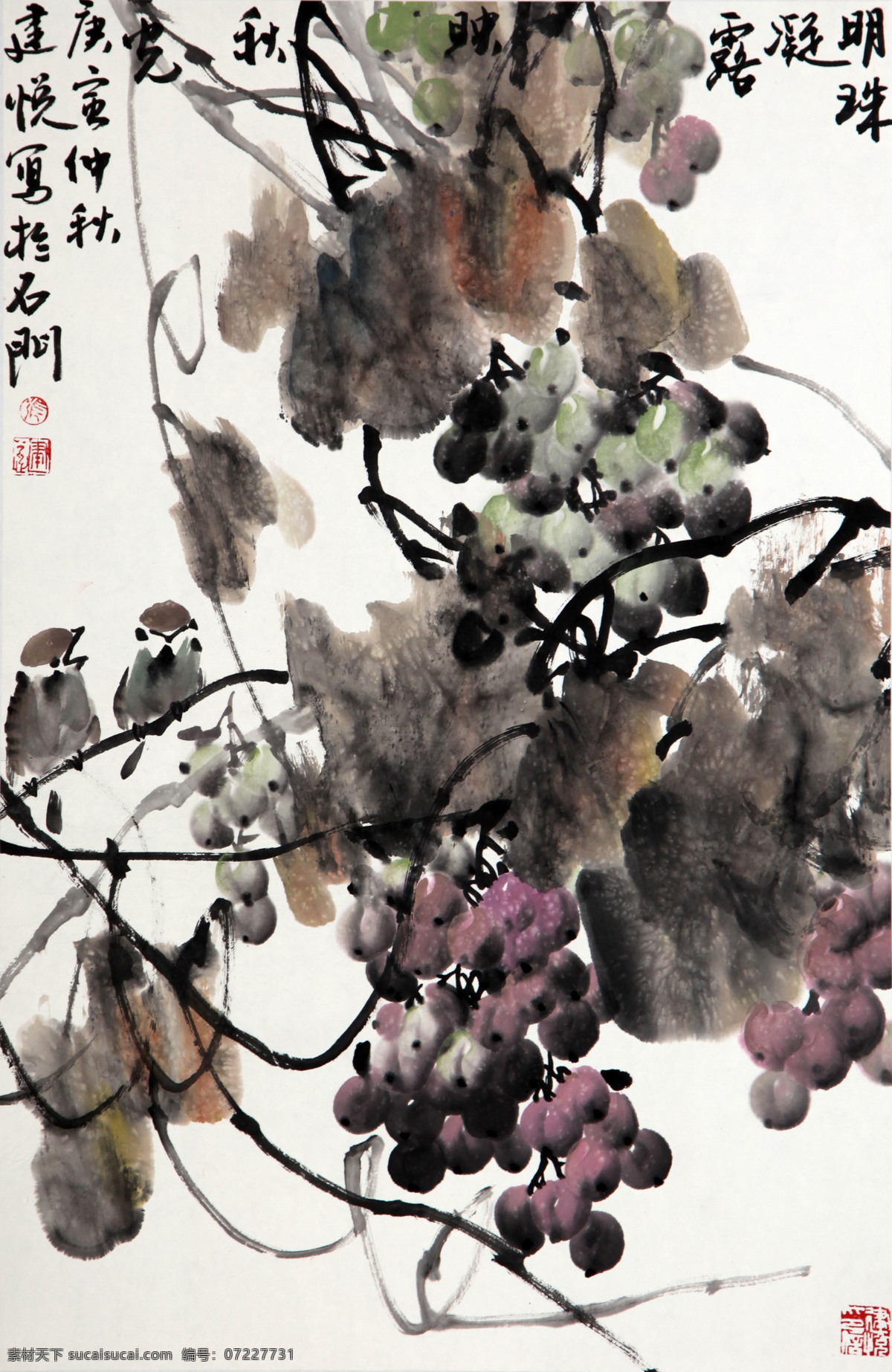 小鸟 水果 水墨画 名画 水墨花卉植物 国画 中国画 绘画艺术 装饰画 挂画 书画文字 文化艺术