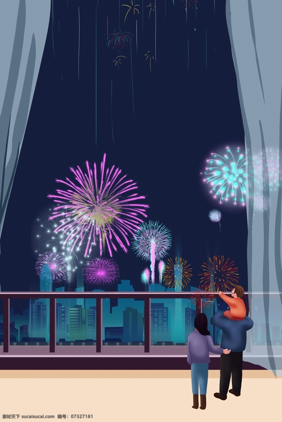 除夕 团圆 看 烟花 背景 创意 合成 家人 喜庆 简约 新年 卡通