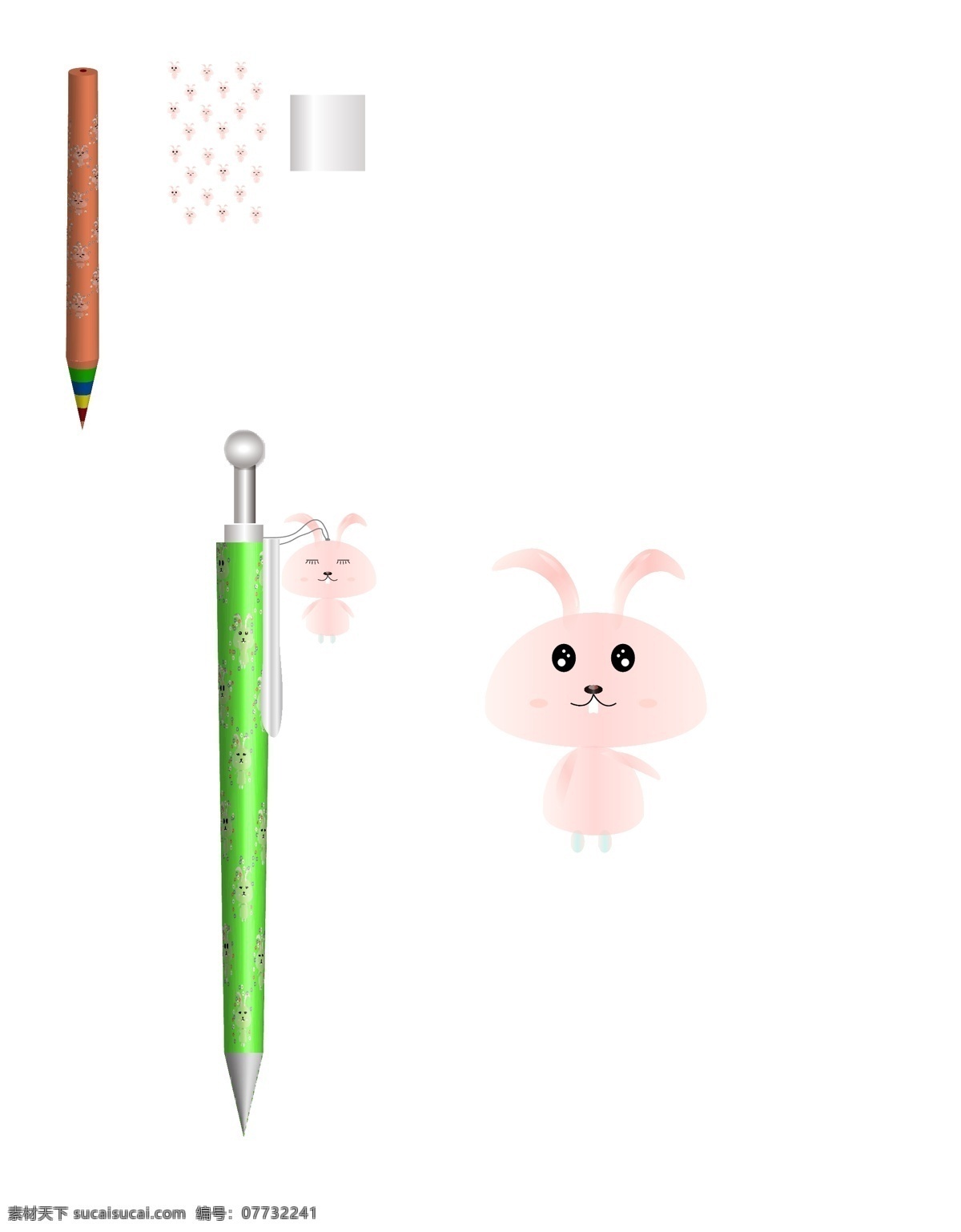 圆珠笔 卡通 兔子 元素 花朵 绿色 铅笔