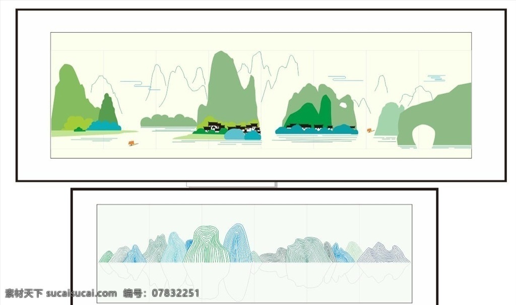 桂林山水 矢量山水图 线描山水图 绿色山水 山水装饰画 自然景观