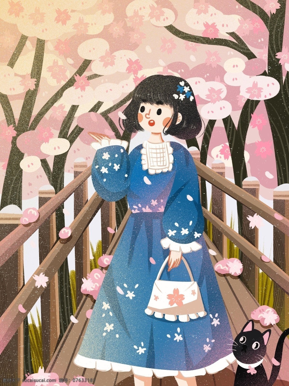 日本 樱花节 樱花 季 走廊 上 女孩 猫咪 温馨 浪漫 旅游 樱花季 可爱 治愈 唯美 小清新 宠物 过道