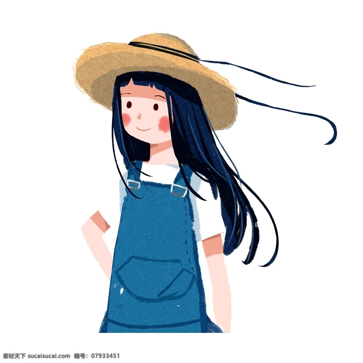 青春 可爱 穿着 背带 裙 女孩子 手绘 插画 少女 卡通 人物 背带裙 女生 草帽