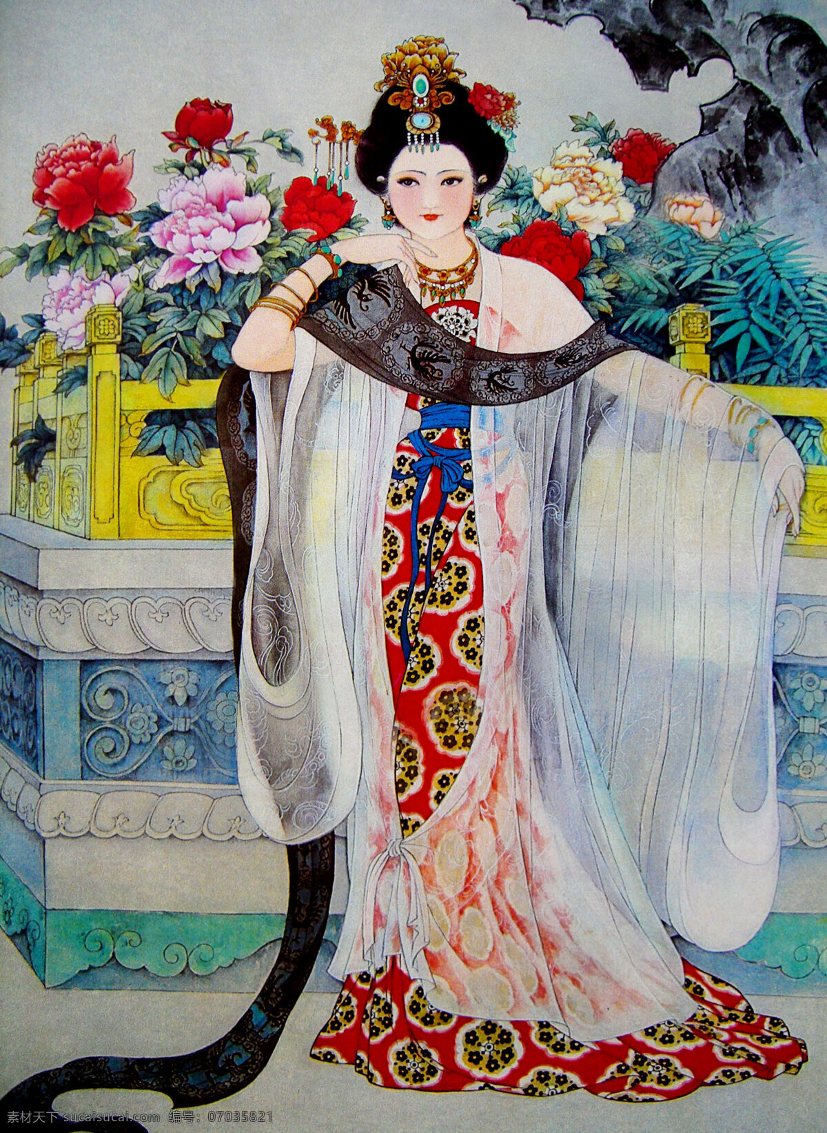 玉环赏花图 美术 绘画 国画 工笔重彩画 古仕女画 女人 仕女 女子 美人 杨贵妃 动作 表情 姿势 花园 牡丹花 国画艺术 工笔画 集锦 绘画书法 文化艺术