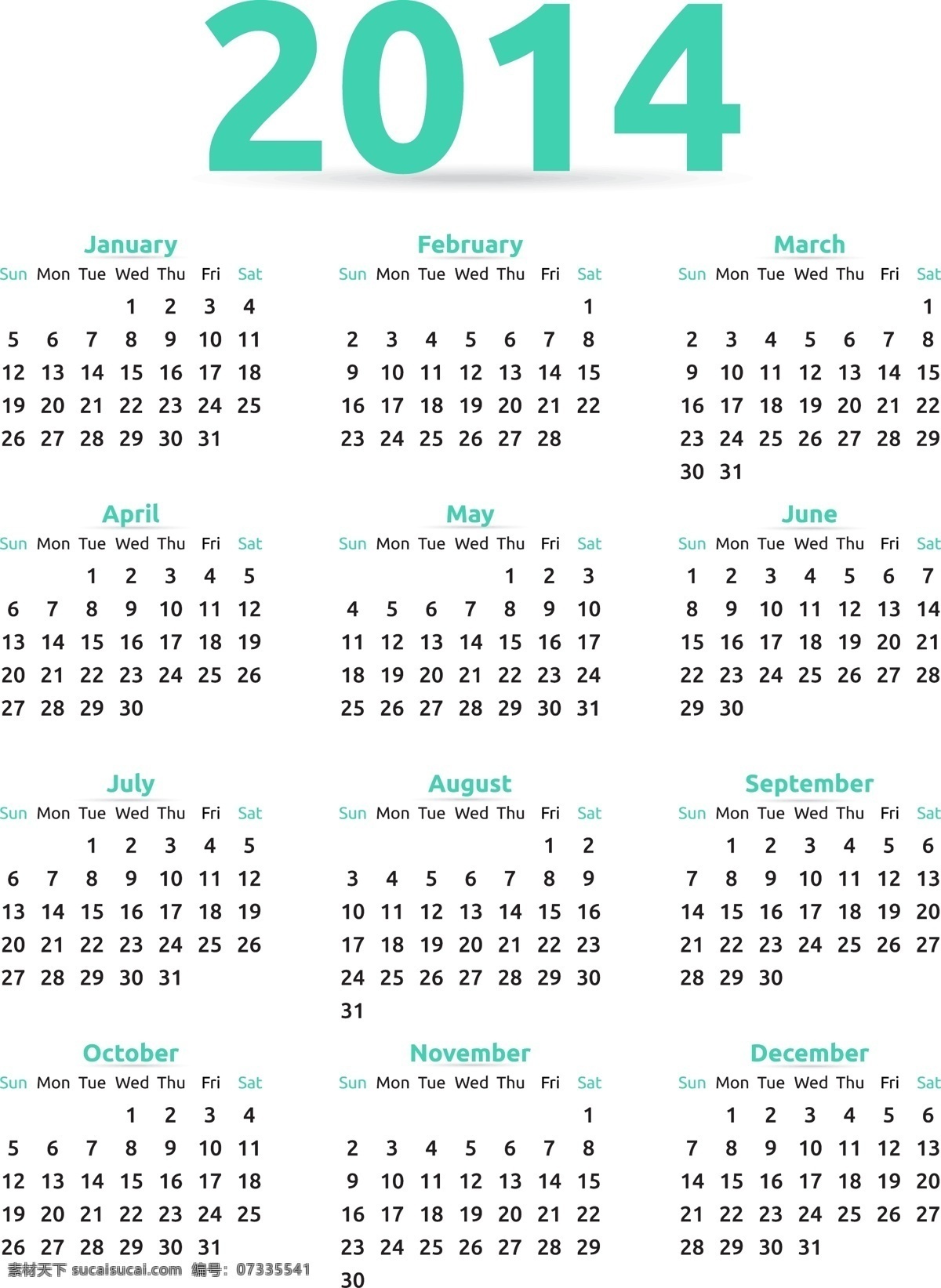 绿色 字体 日历 模板 绿色字体 2014年 台历 日历模板 模板设计 日历台历 矢量素材 白色