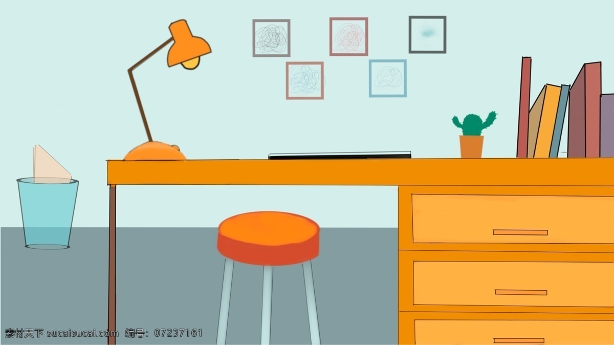商务办公 办公 场景 办公用品 插画 办公室 台灯 装饰画 书本 电脑 办公场景 办公桌