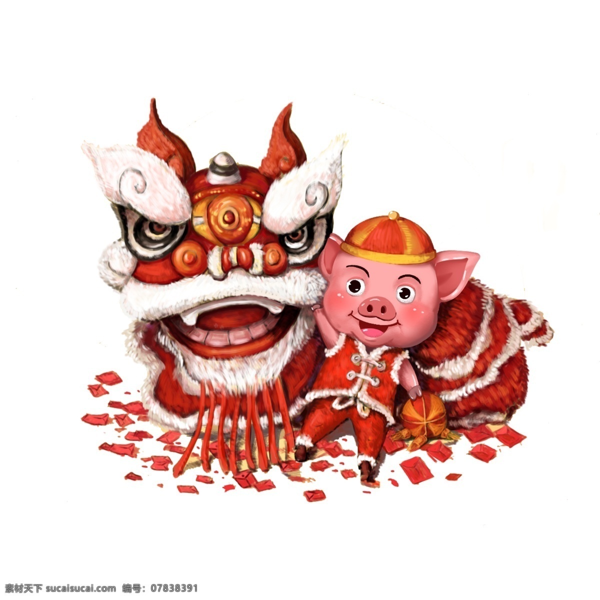猪年 春节 喜庆 舞狮 图 舞狮图 立体 厚涂 插画风