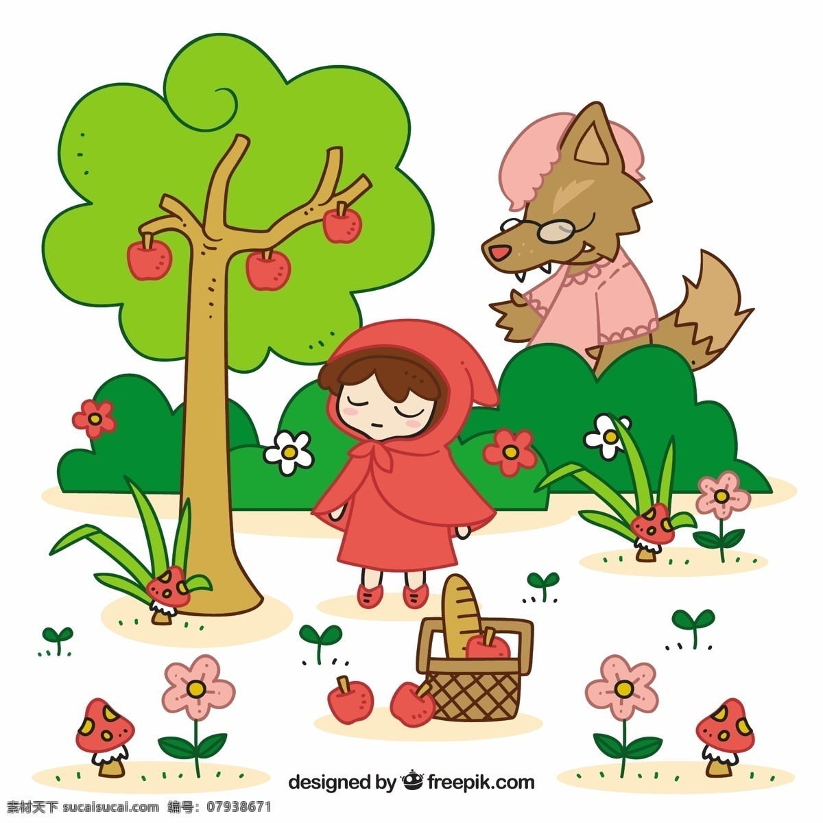 可爱 小红帽 狼 树 儿童 卡通 红 苹果 人物 森林 面包 创意 童话 篮子 卡通人物 蘑菇 幻想 祖母 童话故事 白色