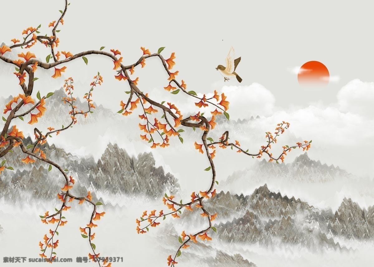 创意 中式 手绘 山水 花鸟 玄关 屏风 背 背景 墙 底纹