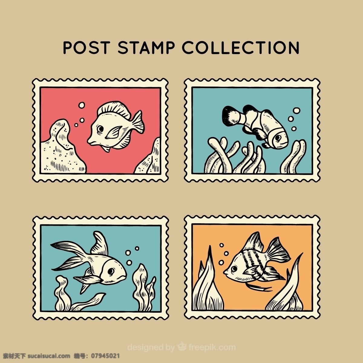 复古 风格 鱼 邮票 图标 复古风格 鱼邮票