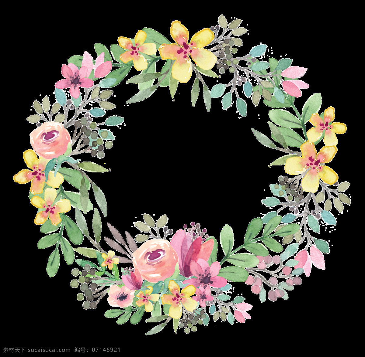 清新 盛开 花朵 手绘 花环 装饰 元素 粉色花朵 花瓣 花环图案 黄色花朵 树叶