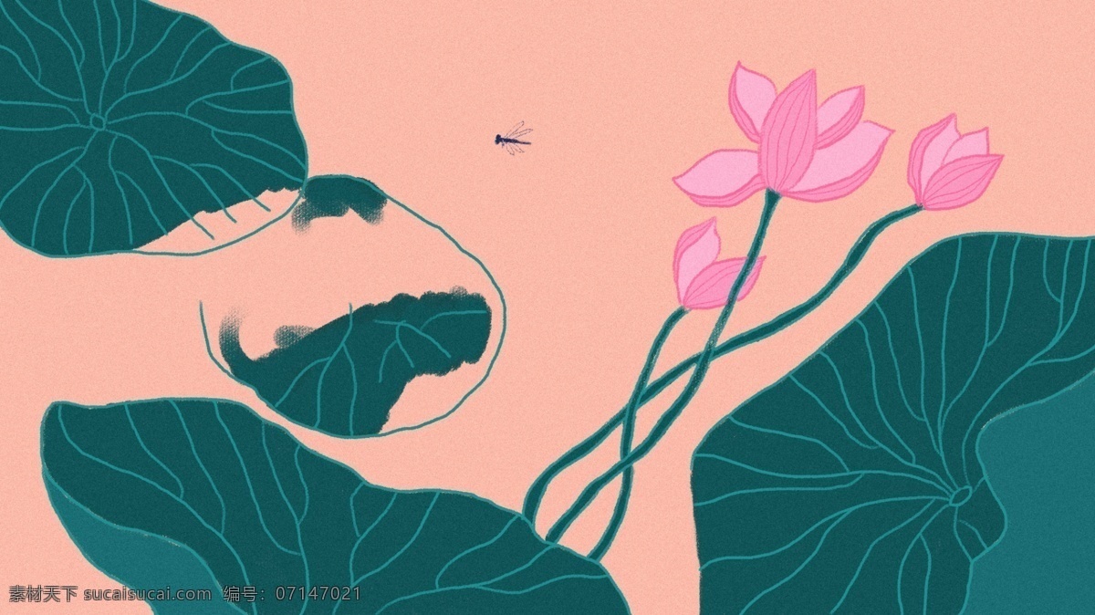 美丽 手绘 荷花 广告 背景 粉色背景 荷叶 清新 植物 荷塘 粉嫩
