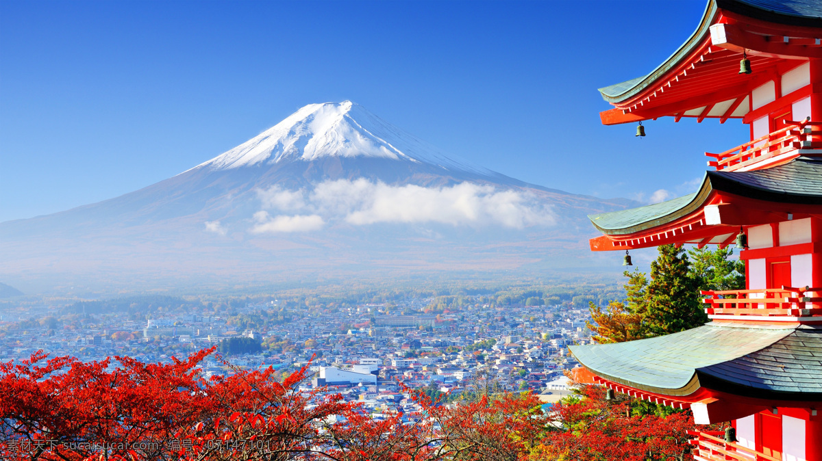 富士山 日本 雪山 火山 古建筑 亭子 楼阁 塔楼 风光 美景 自然景观 风景名胜