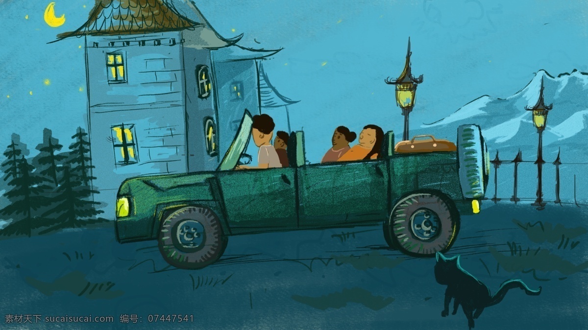 吉普车 里 旅行者 旅行 夜晚 画册 插图 宣传 原创 全家人 冒险 商业插画 海报