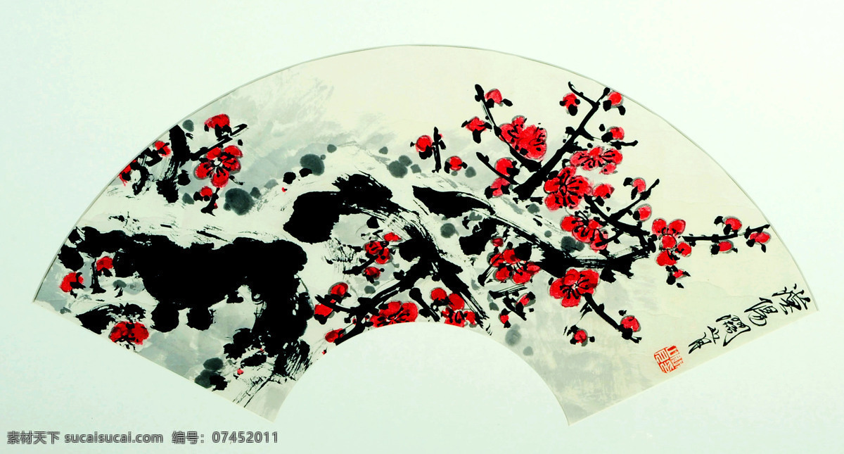 白雪 彩墨画 国画艺术 红梅 花卉画 绘画 绘画书法 梅花 傲雪红梅 美术 中国画 盛开 扇画 书法 印章 国画集40 文化艺术 装饰素材 雕刻 图案