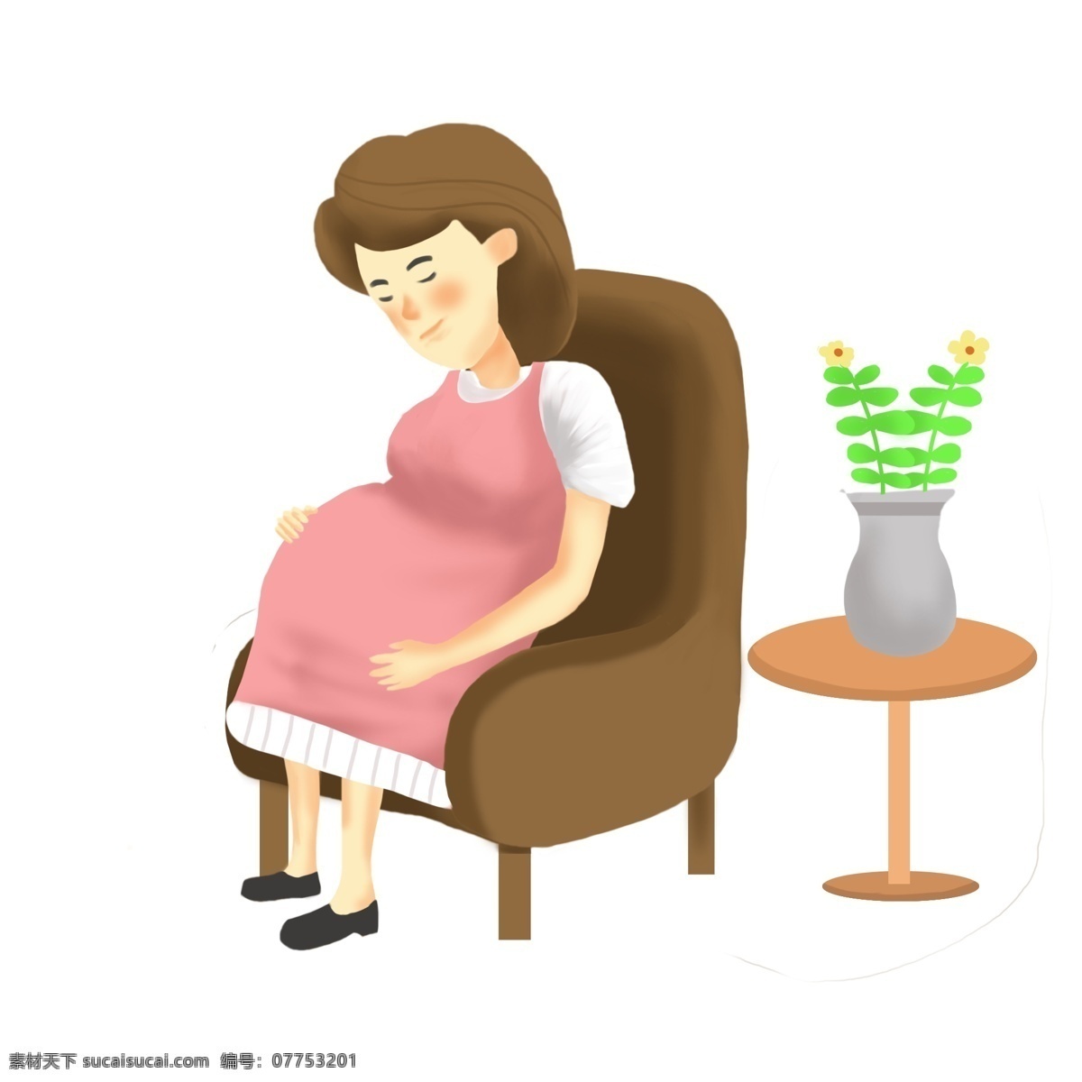 手绘 母婴 孕妇 插画 怀孕的妈妈 棕色的沙发 慈祥的母亲 卡通插画 漂亮的盆栽 手绘母婴插画