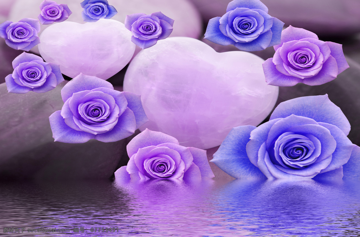 紫色 玫瑰 心形 石头 鹅卵石 水 倒影 背景墙移门