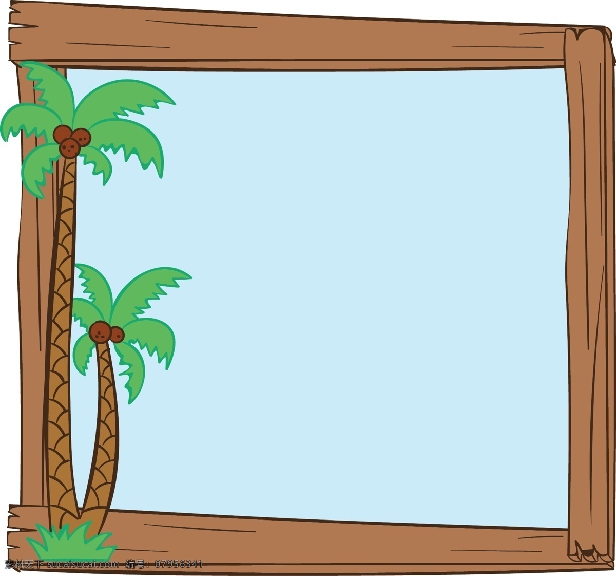 木头 框架 椰子树 窗子 海边 小 风景 手绘 精致 怀旧复古 纹理 窗轨 相框 点缀装饰 插画小场景 方便 简约