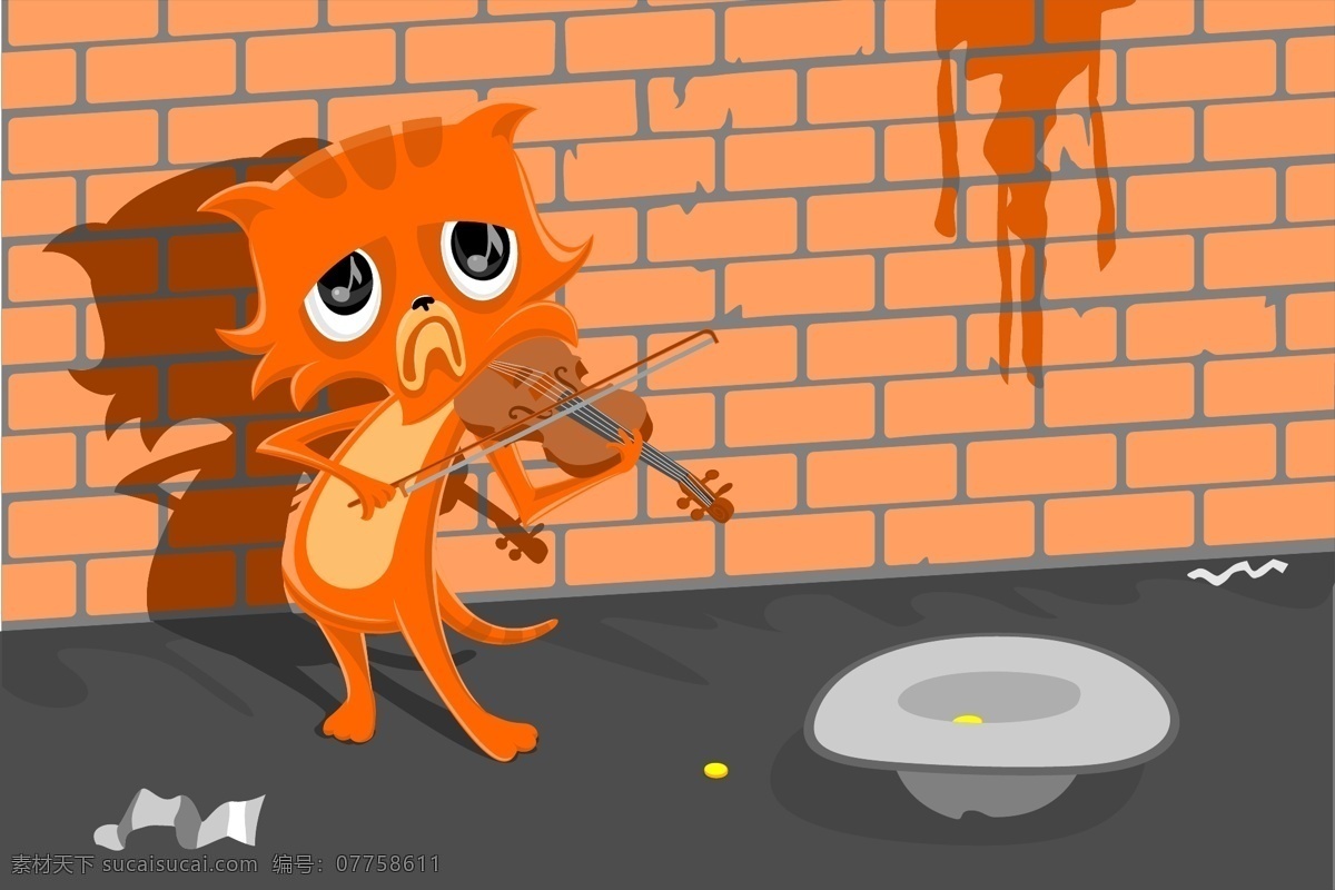 拉 小提琴 猫咪 漫画 音乐 乞丐 卡通猫咪 卡通小猫 卡通动物漫画 动物插画 动物插图 乞讨 陆地动物 生物世界 矢量素材