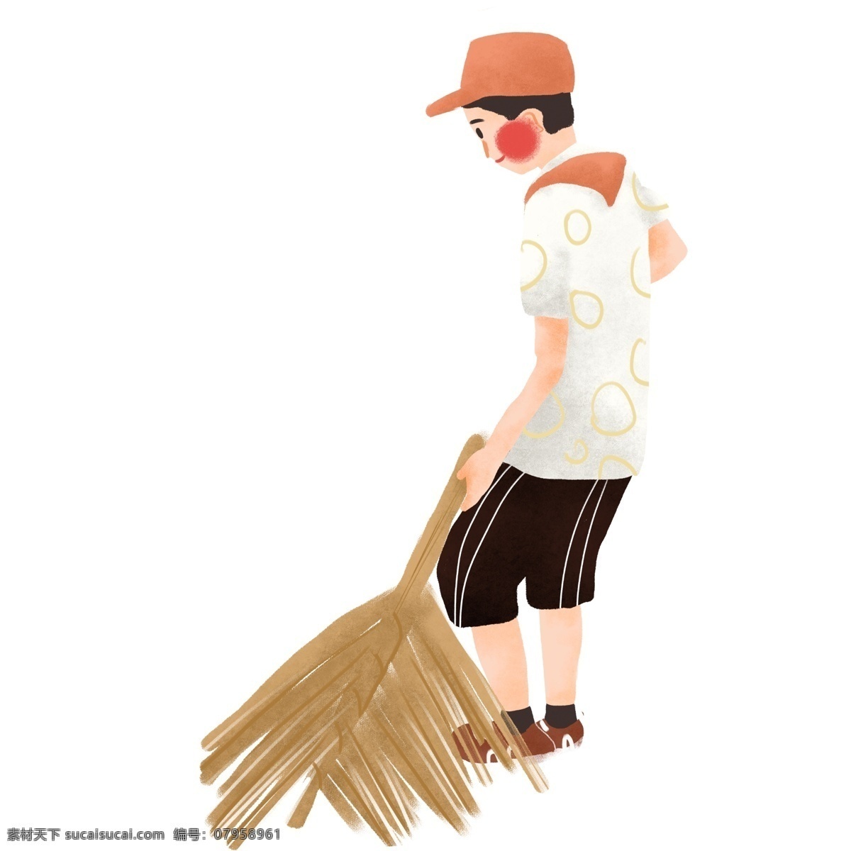 手绘 扫地 男 学生 插画 男孩 爱护环境 保护环境 扫帚 人物
