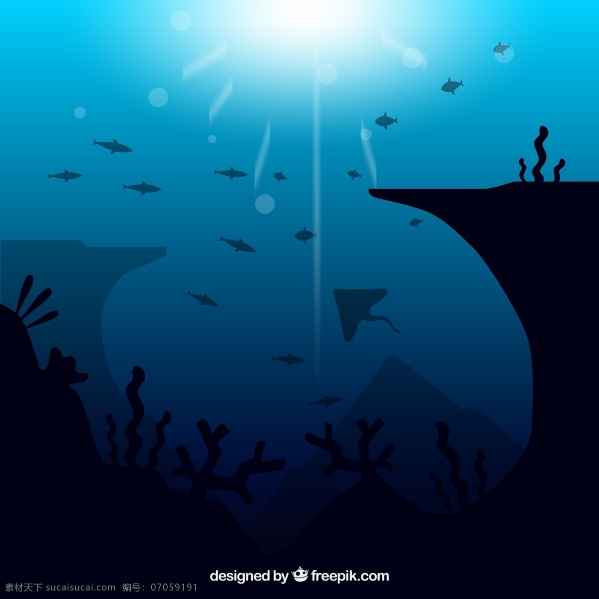 深海鱼类风景 珊瑚 礁石 鳐鱼 阳光 海 深海 鱼 海草 风景