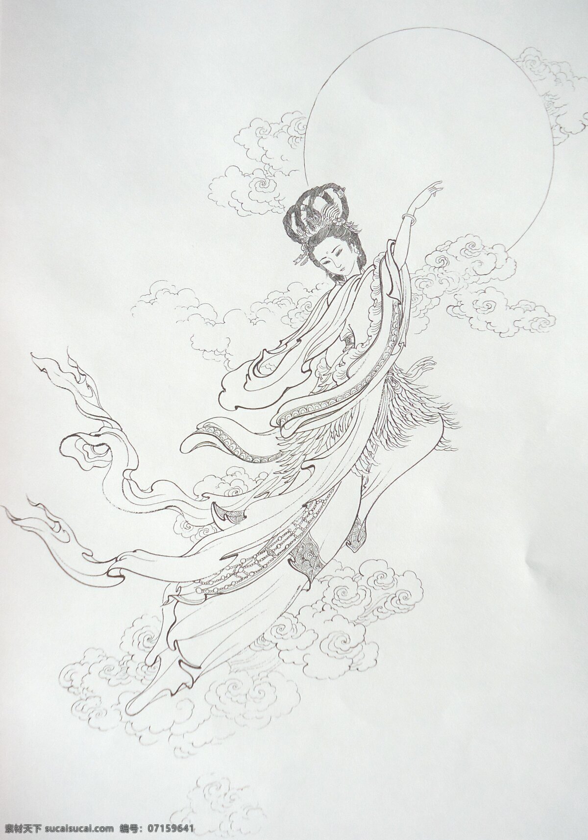 嫦娥奔月 嫦娥 神话人物 工笔画 绘画 美术 白描 线描 李云中 传统人物画 绘画书法 文化艺术