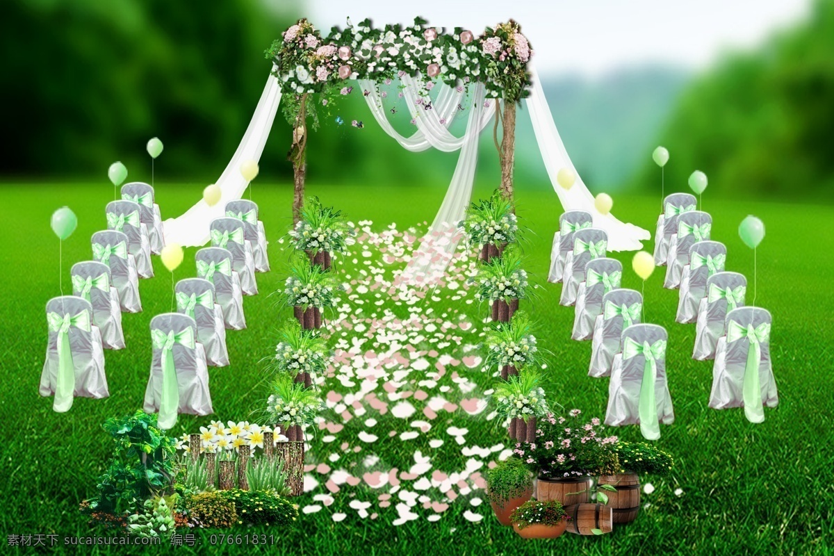 户外 婚礼 效果图 自然 绿色 森系 草地