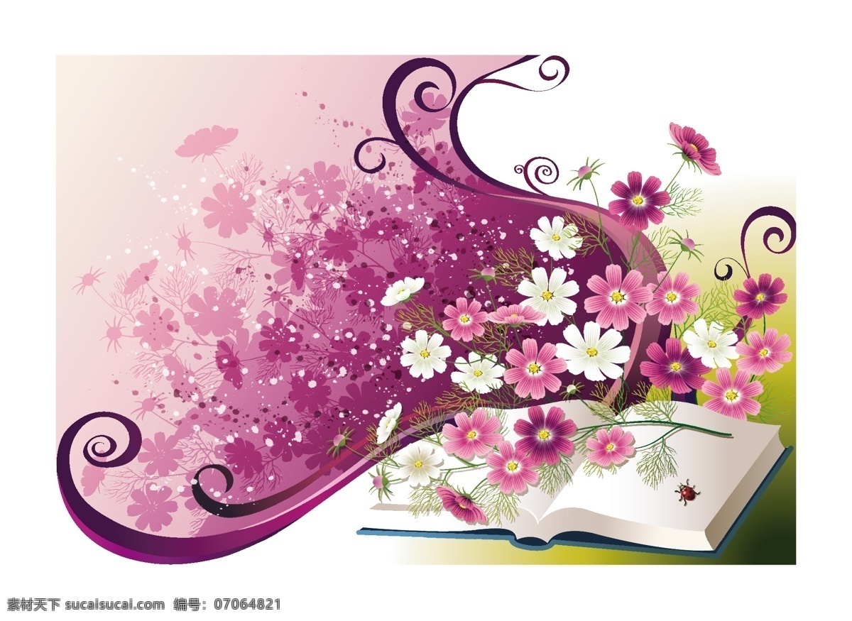 书本 花卉 笔记本 花束 流线 书 图案 鲜花 潮流花卉 矢量图 花纹花边
