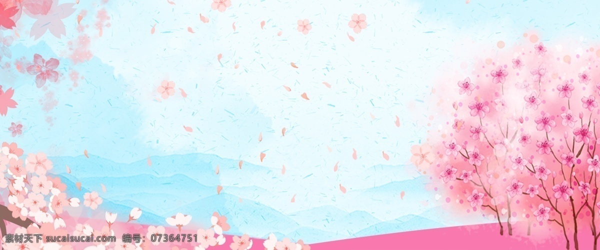 樱花 唯美 浪漫 背景 花朵 渐变 水墨 文艺 樱花季 樱花节 唯美插画 插画 水彩 电商 淘宝 花草 画 蓝色 明信片 清新 手绘 树 风景 小清新