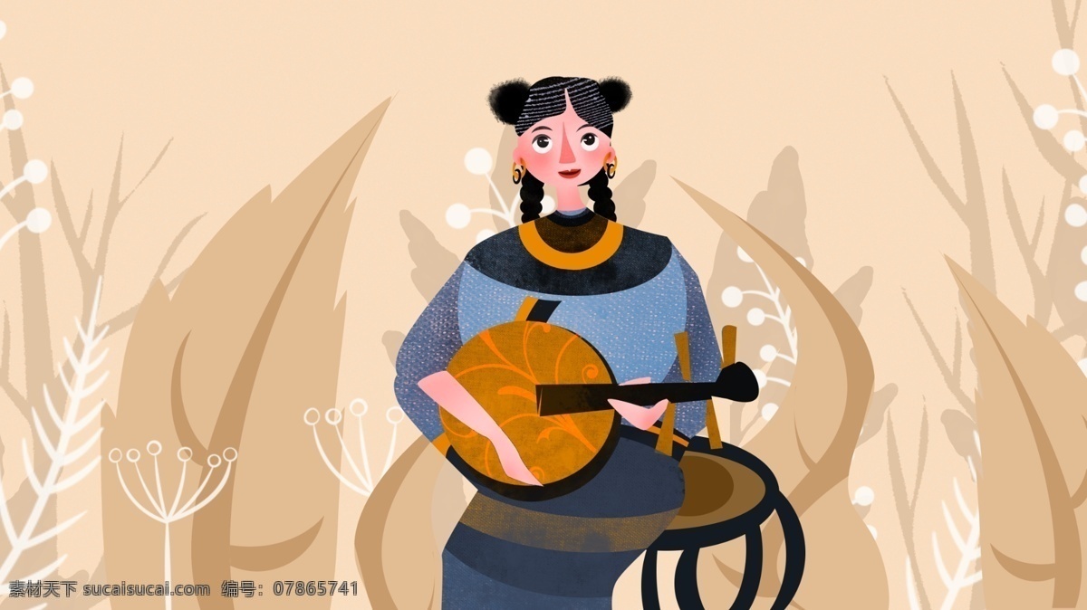 音乐 名 族 杨 琴 中国 乐器 插画 女孩 弹琴 音乐节 杨琴 中国乐器