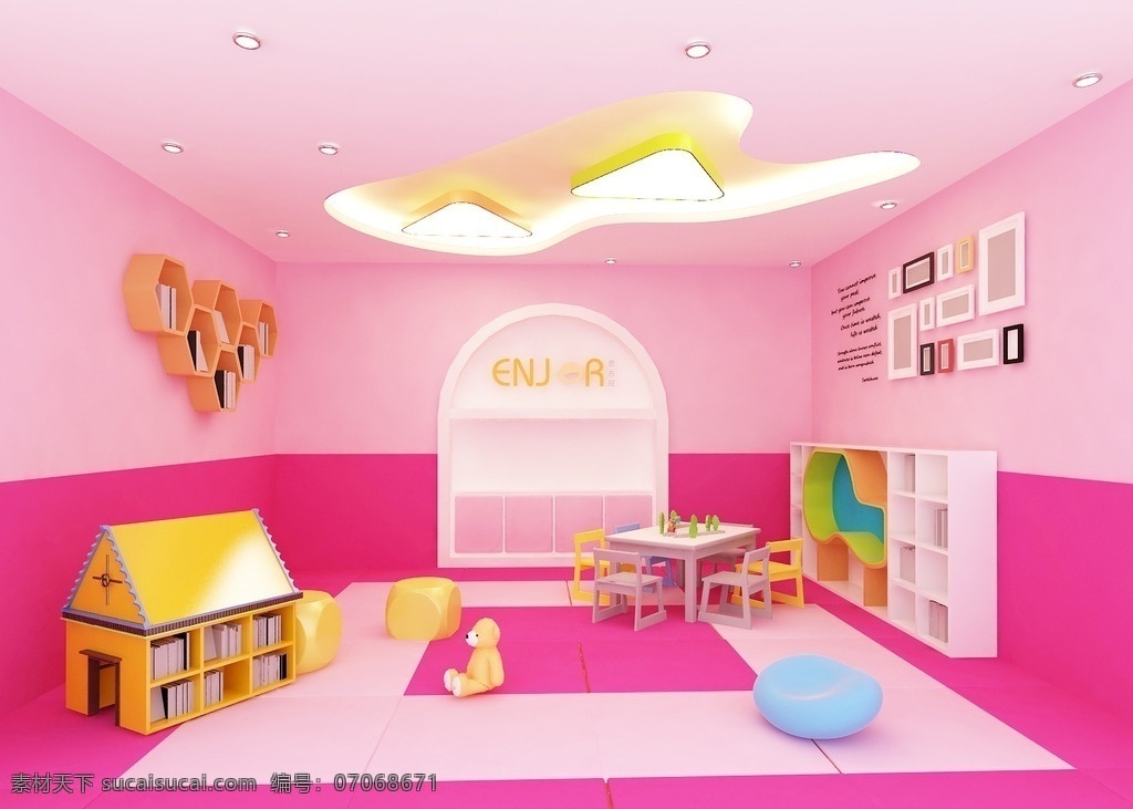 彩色教室 粉色教室 绿色教室 造型书架 桌椅组合 卡通玩具 造型灯 墙上照片组合 英文字 造型置物柜 3d设计 max