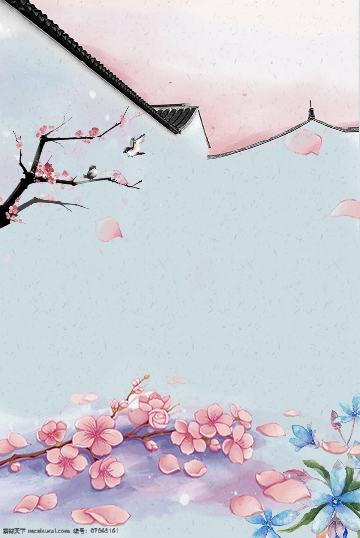 莫 兰迪 中国 风 房屋 梅花 喜鹊 海报 莫兰迪 简约 清新 文艺 花朵 花瓣 中国风