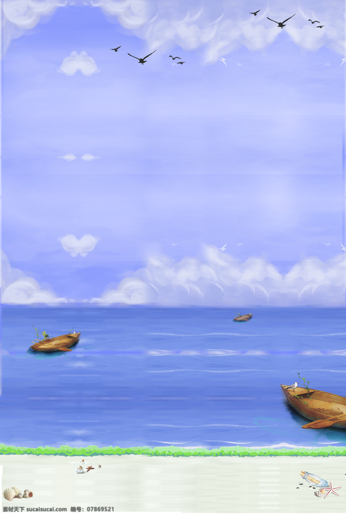 远方 风景 大海 小船 背景 油画 蓝色大海 天空 云朵 海鸥 沙滩 广告背景