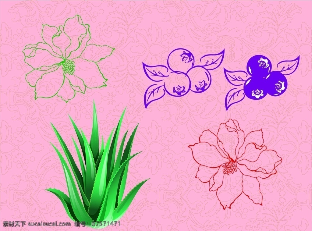 芦荟 蓝莓 花 底纹 矢量 效果 生物世界 花草
