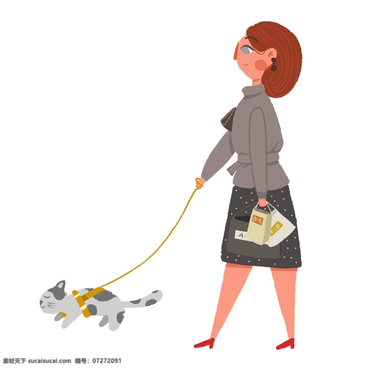 猫咪 逛街 时尚 女性 商用 元素 插画 人物 购物袋 手绘 女生 贵妇