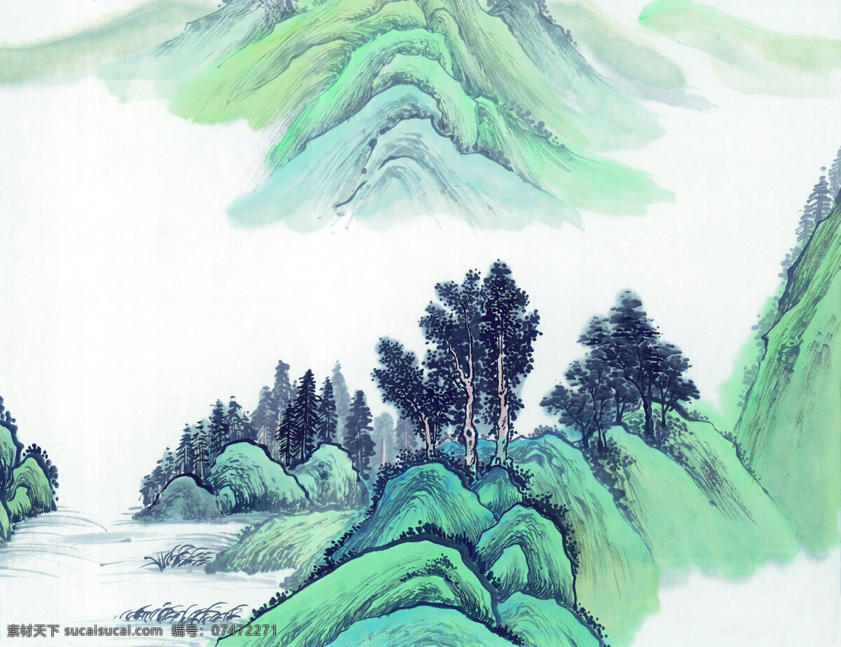 重彩 中国画 绘画艺术 山水 房子 远山 浓情山水画 家居装饰素材 山水风景画