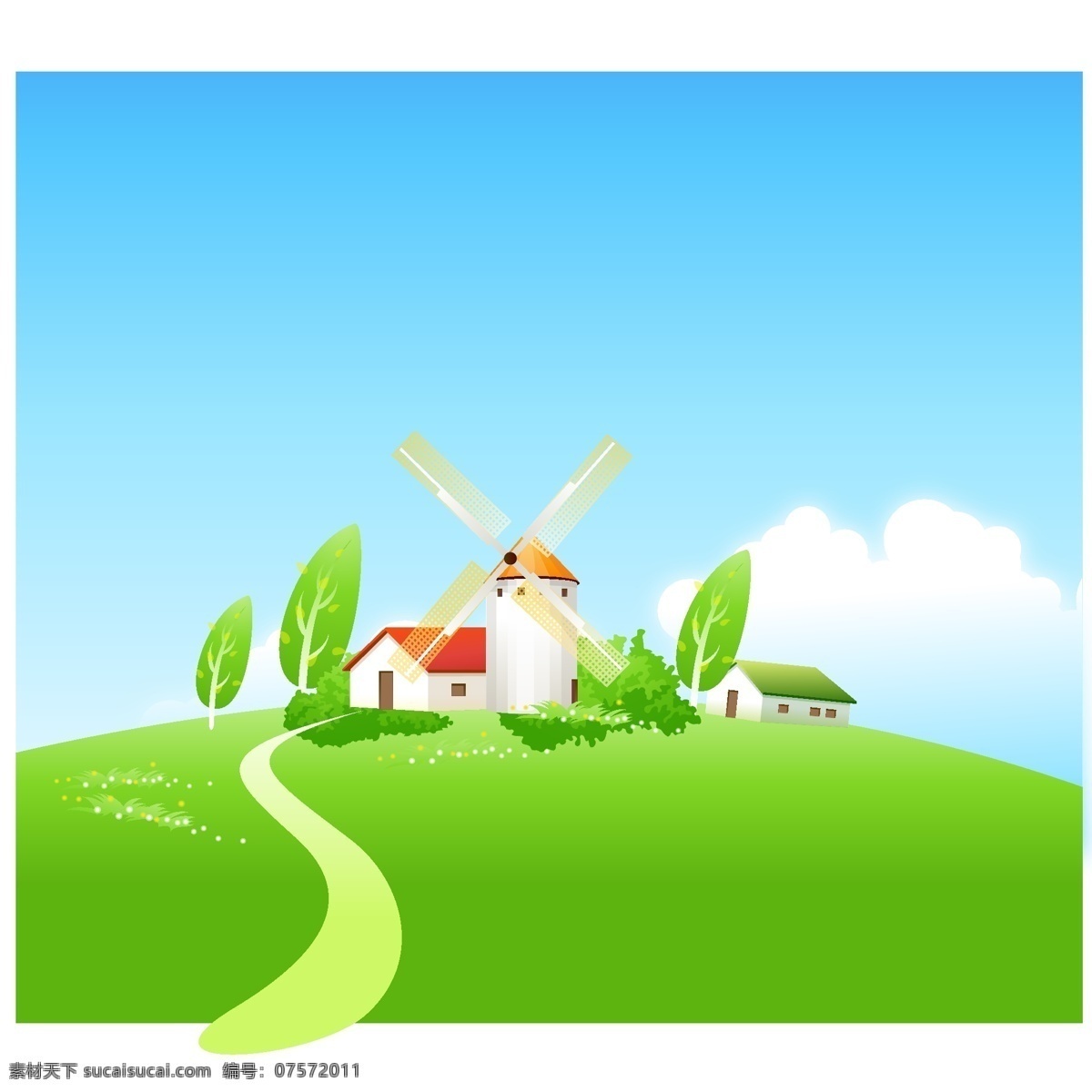 手绘 风景 蓝天 白云 手绘风景 风景插画 风景手绘 矢量风景 风景矢量 风车 草原 卡通风景 卡通 共享分素材 自然景观 自然风光